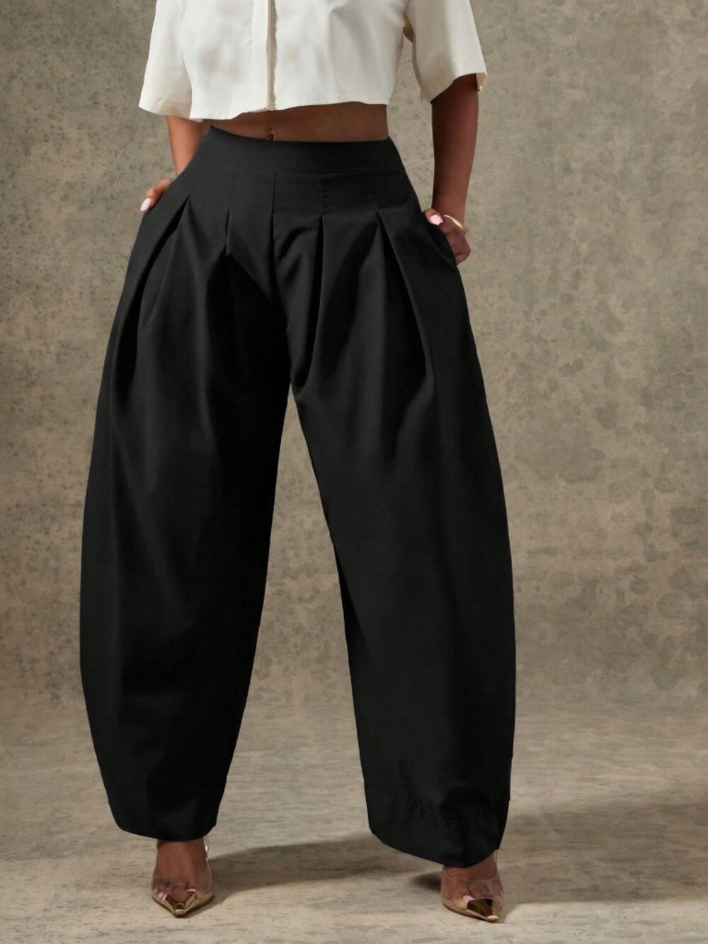 Black Casual Women's High Waist Pleated Detail Barrel Leg Office Pants